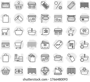 Editable thin line isolated vector icon set - add to cart, basket, credit card, account balance, remove from, shop, shopping list, bag, label, sale, bar code, cashbox, store signboard, mall, barcode