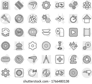 Editable thin line isolated vector icon set - balloon, crutch vector, goverment house, drawing compasses, disco ball, first aid, barometer, inflatable pool, hair dryer, ring button, gear, gears, cd