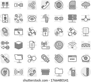 Editable thin line isolated vector icon set - phone, bridge, charge particle vector, mobile, orbit, web camera, wireless, sim card, router, browser window, satellite, gear, call, satellitie, link