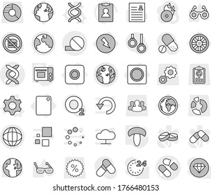 Editable thin line isolated vector icon set - dna vector, pill, globe, earth, electricity, ring button, cutting board, gear, grill oven, mushroom, wheel, glasses, world, personal information, pills
