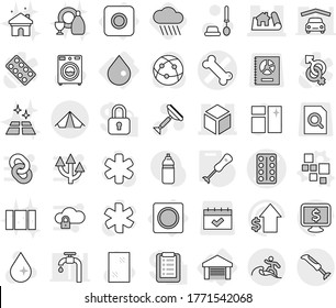 Editable thin line isolated vector icon set - pills blister vector, bone, project, 3d, tent, surfer, drop, garage, ring button, blocks, blender, rain cloud, scraper, water, window cleaning, washer