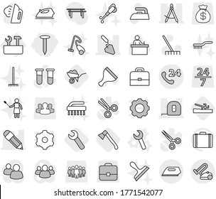 Editable thin line isolated vector icon set - nail, draw compass, pencil, measuring tape, construction, phone 24, repair tools, wrench vector, soil cutter, axe, wheelbarrow, scraper, rake, iron, 7