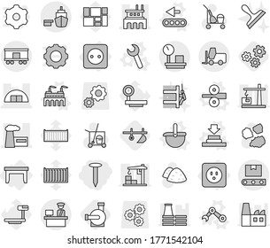 Editable thin line isolated vector icon set - nail, hangare, factory, port, customs control, fork loader, warehouse scales, railroad shipping, transporter tape, power socket, table, vector, press