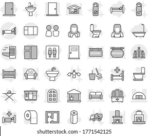 Editable Thin Line Isolated Vector Icon Set - Wc, Hospital Bed Vector, Hangare, Door, Arch Window, Hotel, Sink, Bath, Wardrobe, Dresser, Crib, Toilet, Paper, Water Closet, Cleaner Woman, Tap, Barn