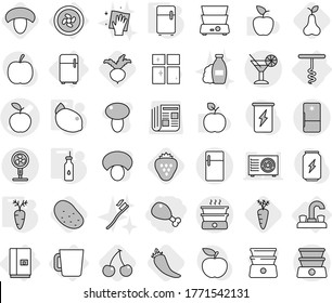 Editable thin line isolated vector icon set - chicken leg, apple vector, cocktail, cooler fan, water tap, fridge, cup, corkscrew, vegetable oil, carrot, lemon, hot pepper, cherry, mushroom, pear