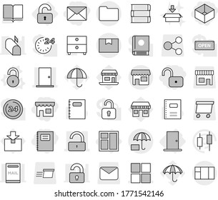 Editable thin line isolated vector icon set - unlock, shop, box, mail, copybook, window, door, package, documents, insurance, unlocked, vector, book, archive, japanese candle, office, umbrella, open