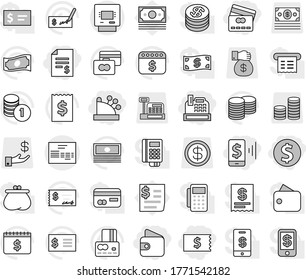 Editable thin line isolated vector icon set - dollar coin, account balance, receipt, mobile pay, wallet, credit card, cashbox, invoice, atm, vector, cash, stack, check, calendar, money, investment