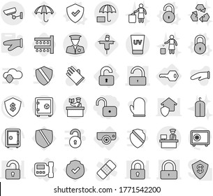 Editable thin line isolated vector icon set - unlock, lock, customs control, security man, insurance, inspector, uv cream, surveillance, safe, unlocked, key, intercome, camera, shield vector, rubber
