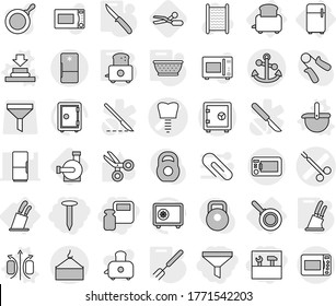 Editable thin line isolated vector icon set - scales weight, funnel, tools, nail, tooth implant vector, surgical clamp, loading crane, anchor, safe, fridge, toaster, stands for knives, pan, press