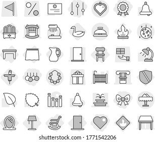 Editable thin line isolated vector icon set - bow, sale, heart, equalizer, medal, column, door, fountain, hawaiian wreath, disco ball, restaurant, pendant, service bell, mirror, curtain, table, jug