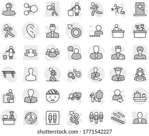 Editable thin line isolated vector icon set - wc, male sign vector, ear, client, customs control, security man, tourist, baggage checking, inspector, vr helmet, garden cleaning, vacuum cleaner