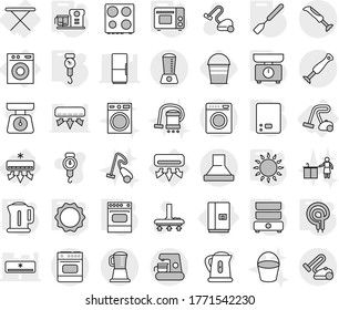 Editable thin line isolated vector icon set - air conditioning, iron board, washing machine, fridge, vacuum cleaner, kettle, kitchen scales, handle, spatula, grill oven, gas, elecric, induction