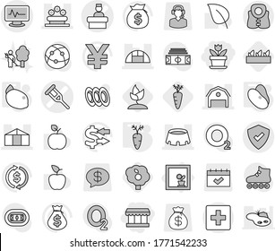 Editable thin line isolated vector icon set - market, flower, crutch vector, monitor pulse, hospital recieption, barn, greenhouse, bed, stadium, protected, first aid, life vest, in window, beans