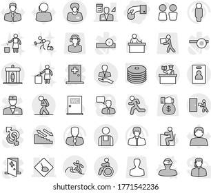 Editable thin line isolated vector icon set - hand coin, under construction, architector, client, support manager, courier delivery, workman, tourist, detector, inspector, surfer, invalid, pancakes