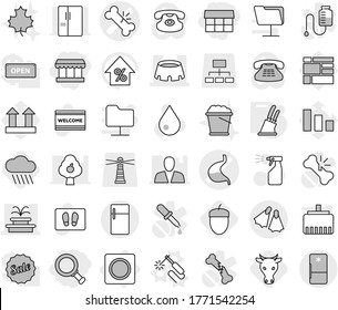 Editable thin line isolated vector icon set - market, magnifier, broken bone vector, stomach, fountain, stadium, flippers, ring button, welding, knife holder, rain cloud, cow, acorn, water drop