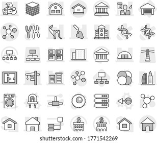 Editable thin line isolated vector icon set - virus vector, greate wall, home, hangare, modern architecture, panel house, building, district, construction, tower crane, architector, garage, electron