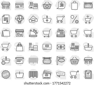Editable thin line isolated vector icon set - cart, add to, account balance, basket, remove from, credit card, store, shopping list, bag, sale, bar code, cashbox, atm receipt, signboard, shop, mall