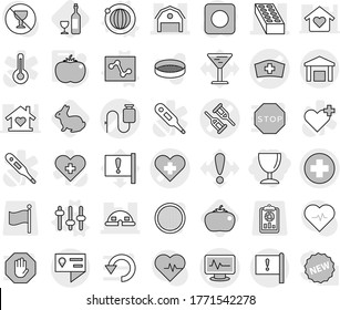 Editable thin line isolated vector icon set - wineglass, medical cross vector, heart, crutch, monitor pulse, dropper, hat, brick, barn, dome house, location details, important flag, warehouse, orbit