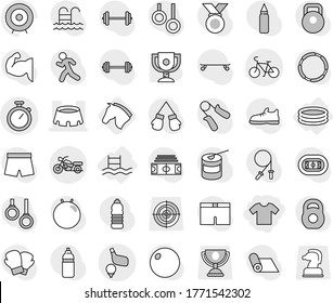 Editable thin line isolated vector icon set - t shirt, stadium, stopwatch, bike, motorcycle, golf, inflatable pool, horse, award cup vector, target, barbell, weight, jump rope, hand trainer, fitball
