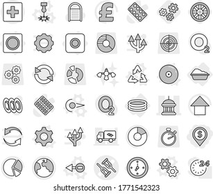 Editable thin line isolated vector icon set - dollar pin, crutch vector, goverment house, earth, first aid, watch, ring button, washing, inflatable pool, gear, gears, photon, electron, laser, cd