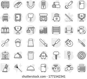 Editable thin line isolated vector icon set - dollar coin, tooth implant vector, loading, rack, vip fence, detector, water tap, radiator, fridge, pipes, robot, kitchen scales, handle, knife holder