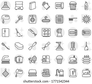 Editable thin line isolated vector icon set - hanger, bucket, mixer, coffee maker, plate washing, kettle, rag, gas oven, hob, vacuum cleaner vector, fetlock, sponge, car, powder, rubber glove, broom