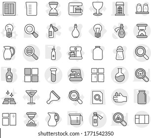 Editable thin line isolated vector icon set - magnifier vector, test vial, flask, potion bottle, building, window, acid, sand clock, cargo search, bulb, coffee maker, vegetable oil, measuring cup