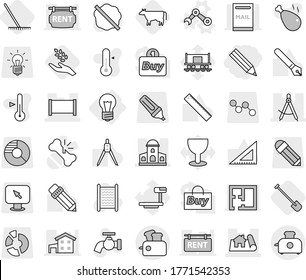 Editable thin line isolated vector icon set - pencil, draw compass, project, mansion, fence, bulb, robot hand vector, cow, shovel, rake, harvest, water tap, splotch, washboard, thermometer, pen, buy
