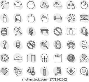 Editable thin line isolated vector icon set - tennis, diet vector, barbell, measuring, scales, stopwatch, pills vial, bike, weight, jump rope, hand trainer, horizontal bar, punching bag, fitball