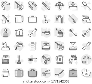 Editable thin line isolated vector icon set - scissors vector, insurance, suitcase, baggage, mixer, pan, kettle, garlic clasp, ladle, hand mill, fork, plunger, broom, water tap, fetlock, bucket, car