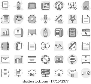 Editable thin line isolated vector icon set - shop signboard, info, archive vector, important flag, signpost, do not distrub, chip, satellite antenna, sim card, cd, browser window, notebook pc, 24 7
