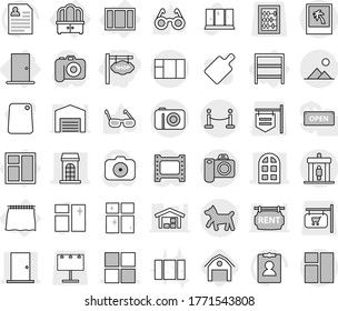 Editable thin line isolated vector icon set - shop signboard, building, window, door, arch, vip fence, detector, photo, dog, landscape, curtain, dresser, rack, barn, cleaning vector, shining, clean
