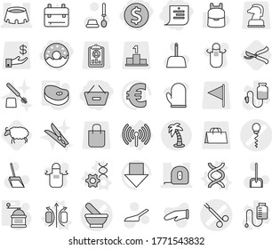 Editable thin line isolated vector icon set - dollar coin, remove from basket, shopping list, donut, mortar vector, sperm, surgical clamp, measuring tape, stadium, palm, wireless, magnetic field