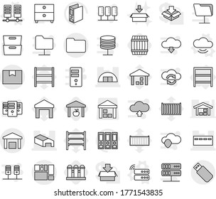 Editable thin line isolated vector icon set - bunker, warehouse, hangare, package box, consolidated cargo, documents, rack, server vector, cloud service, barrel, grain elevator, archive, binder, usb