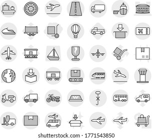 Editable thin line isolated vector icon set - cargo stoller, airport building, road, shipping, scooter, port, package box, fragile, do not hook sign, fork loader, railroad, transporter tape, plane