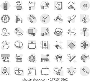 Editable thin line isolated vector icon set - cargo stoller, mansion, real estate, do not trolley sign, handwheel, shark flipper, remote control, curtain, electric magnet vector, robot hand, rag