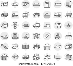 Editable thin line isolated vector icon set - cargo stoller, ambulance helicopter vector, plane, sea shipping, car, loading crane, sun potection, warehouse, transporter tape, fast deliver, train