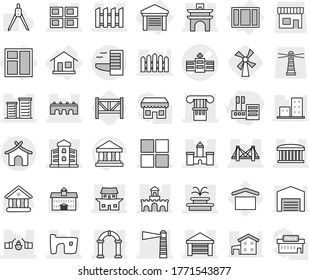 Editable thin line isolated vector icon set - store, hospital vector, column, castle, arch, bridge, drawbridge, airport building, lighthouse, slum, garage, panel house, window, district, japanese