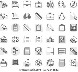 Editable thin line isolated vector icon set - potion bottle vector, clipboard, magnetic field, copybook, pen, university, school building, corner ruler, glasses, student, case, atom, telescope, bell