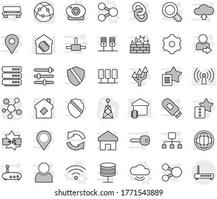 Editable thin line isolated vector icon set - smart house, share vector, cloud service, web camera, wireless, world, antenna, internet, social media, connect, server, disconnection, network, gear