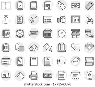 Editable thin line isolated vector icon set - money, account balance, label, sale, atm receipt, calendar, heart cross vector, recipe, plan, clipboard pen, check, document, cargo top sign, ticket