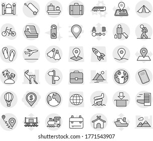 Editable thin line isolated vector icon set - dollar pin, greate wall, minaret, signpost, geo, globe, route, package, earth, train, air ballon, tourist, passenger, suitcase, baggage checking, hotel