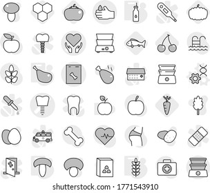 Editable thin line isolated vector icon set - tooth implant vector, health care, roentgen, acid, dna edit, vegetable oil, mushroom, chicken leg, spikelets, honeycombs, cherry, fish, pumpkin, tomato