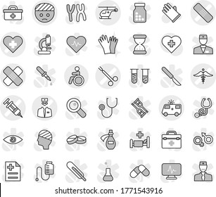 Editable thin line isolated vector icon set - heart cross vector, bandaged head, syringe, medical patch, ambulance car, helicopter, doctor, surgical clamp, sign, invalid, rubber glove, gloves, bag