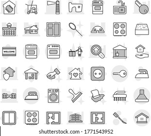 Editable thin line isolated vector icon set - lighthouse, slum, house with garage, university, school, dome, key, power socket, switch, window, hob, cleaner trolley vector, sponge, car fetlock, iron