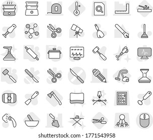 Editable thin line isolated vector icon set - scalpel vector, ruler, pencil, measuring tape, construction, vacuum cleaner, drawing pen, pan, rolling pin, meat hammer, soil cutter, mortar, scissors
