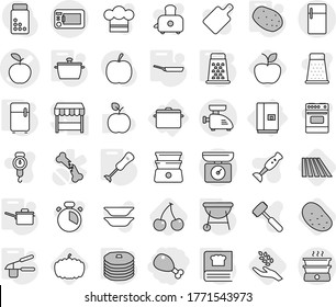 Editable thin line isolated vector icon set - chicken leg, apple vector, fridge, pan, saute, garlic clasp, cooking book, blender, bbq, grater, potato, pancakes, field, cherry, harvest, pumpkin, oven