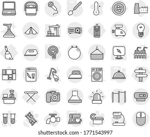 Editable thin line isolated vector icon set - singlepost, loading crane, customs control, tent, camera, cooler fan, remote, water tap, alarm, iron board, broom, factory vector, big spoon, meal cap