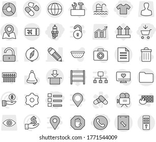 Editable thin line isolated vector icon set - add to cart, list, spark plug, phone, t shirt, pill vector, roentgen, pencil, unlock, documents, document, package, globe, ticket, map, repair tools