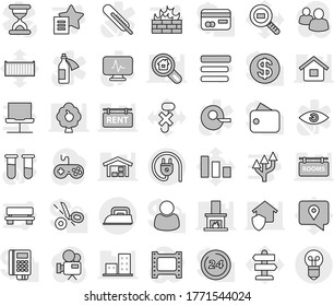 Editable thin line isolated vector icon set - signpost vector, traking, sea container, no hook, sorting, cargo search, film frame, gamepad, video camera, group, thermometer, vial, eye, insemination